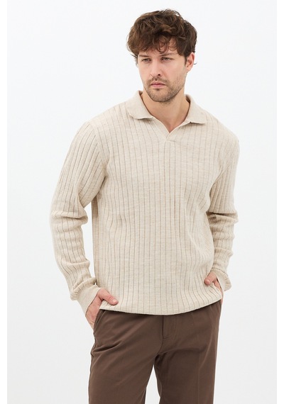 Erkek Bej Slim Fit Uzun Kollu Polo Yaka Triko Kazak Bej