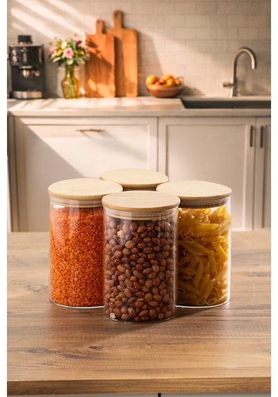 Porsima 2-4 Bambu Borosilikat Vakumlu Kapaklı Yuvarlak Cam 4lü Kavanoz Seti Saklama Kabı 1300ml 10x20cm