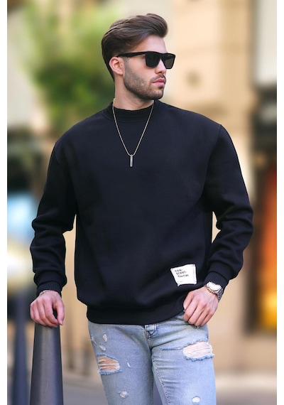Madmext Siyah Bisiklet Yaka Oversize Şardonlu Arma Detaylı Erkek Sweatshirt 7043-siyah Siyah
