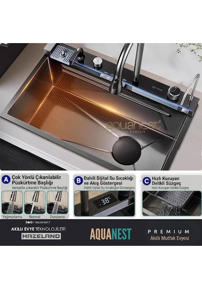 Hazeland Aquanest Premium 5 Tuşlu Akıllı Evye Antrasit