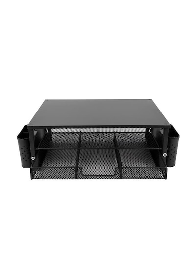 Tr Siyah Ahşap Üst Tablalı Metal Mesh Monitör Yükseltici Stand Çekmeceli Kalemlikli Masaüstü Organizer 9214