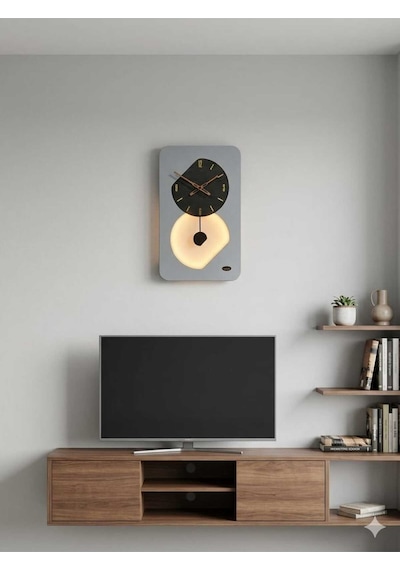 Nairobi Ledli Ahşap Salon Duvar Saati Quartz Ultra Sessiz Mekanizma 55 Cm X 34 Cm Gri