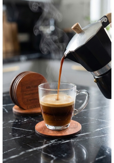 Kahve Temalı 6 Lı Ahşap Bardak Altlığı Seti Espresso/latte/cappuccino/mocha/americano/macchiato Meşe