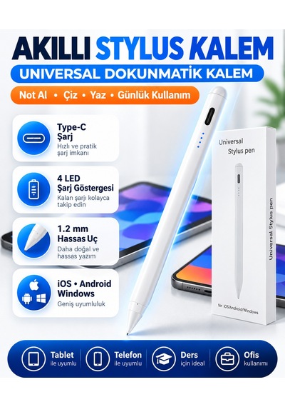 Universal Stylus Kalem Dokunmatik Tablet Telefon Kalemi İos Android Windows Uyumlu Type-c Şarjlı Pil Göstergeli İnce Uçlu Çizim Yazı Kalemi