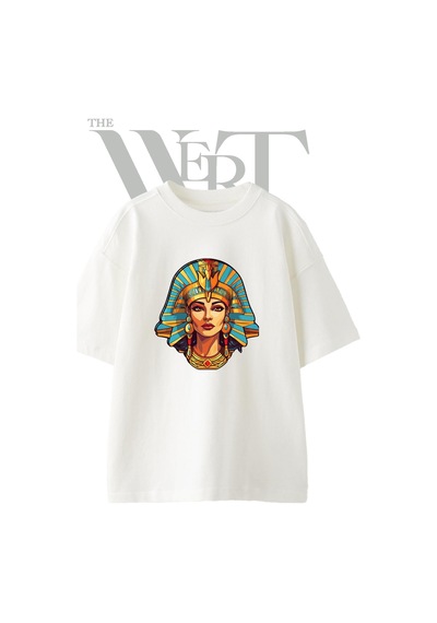 Thewert Cleopatra Tasarım Baskılı Ünisex Beyaz Oversize T-shirt