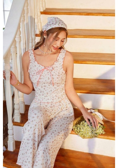 Bella Notte Vintage Pembe Fiyonklu Askılı Yazlık Pijama Takımı Ekru