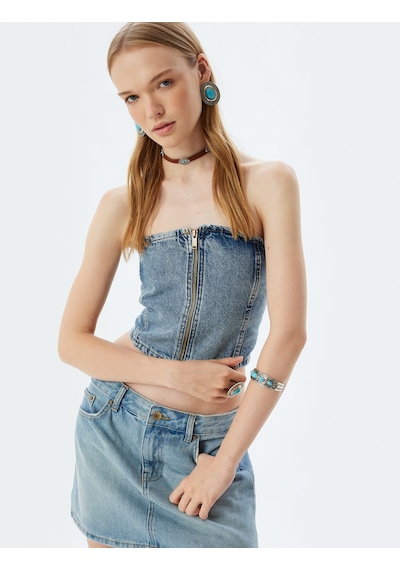 Koton Crop Üst Denim Fermuarlı Straplez Yaka Kolsuz Slim Fit Açık İndigo 4sal30055md Açık İndigo Koton Crop Üst Denim Fermuarlı Straplez Yaka Kolsuz Slim Fit Açık İndigo 4sal30055md Açık İndigo