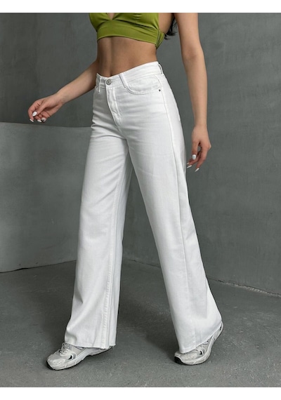 Kene Jeans Kadın Beyaz Yüksek Bel Paça Kesik Bol Paça Jeans Pantolon Beyaz