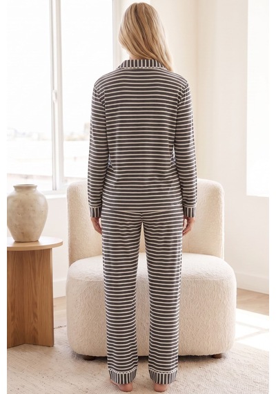 Siyah İnci Kadın Pamuklu Düğmeli Biyeli Pijama Takımı Füme Beyaz