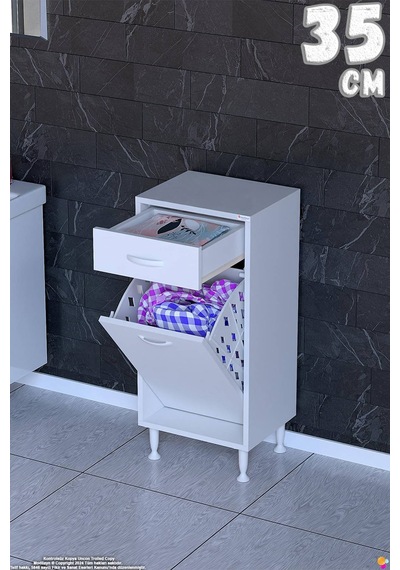Emir 35 Cm 1 Gözlü Kirli Çamaşır Sepetli Ve Çekmeceli Çok Amaçlı Banyo Dolabı Beyaz