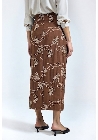Sateen Nakış Detaylı Uzun Etek - Kahve-137328