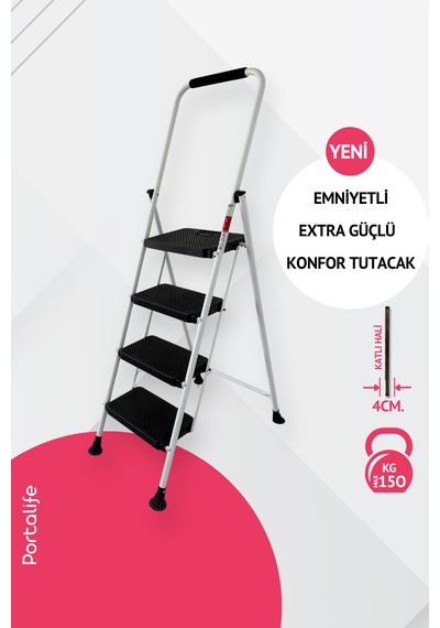 Portalife 4 Basamaklı Konfor Tutacaklı Çelik Şık Merdiven - Beyaz 200 Cm'ye Kadar
