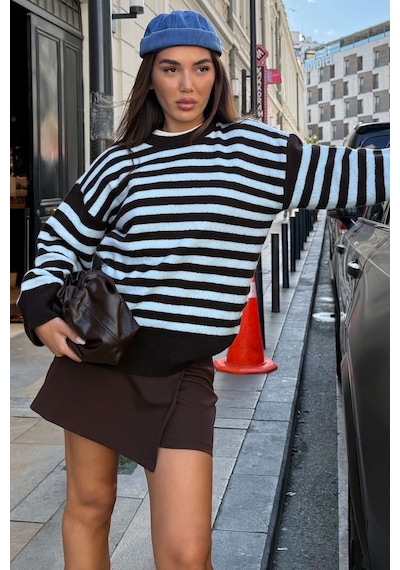 Madmext Kahverengi Çizgili Bisiklet Yaka Oversize Kadın Kazak Mg2894