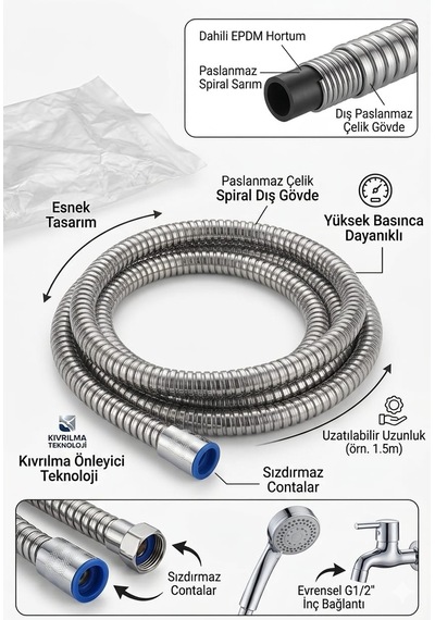 2'li Set 6 Fonksiyonlu Lüks Masajlı Filtreli Duş Başlığı +paslanmaz Sprial Hortumlu Duş Set Beyaz - Gümüş