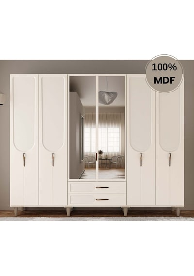 Açelya 6 Kapak Mdf Ayaklı Tasarım Gardırop Aytaşı