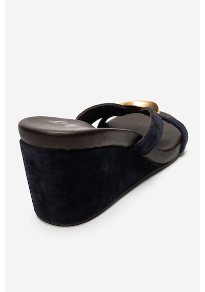 Luvi Shoes Caterına Lacivert Süet Hakiki Deri Tokalı Kadın Dolgu Topuklu Terlik
