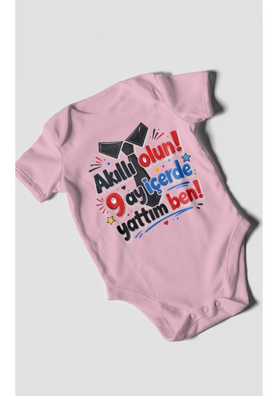 Morivokids Akilli Olun 9 Yazılı Kısa Kollu Bebek Body %100 Pamuk Koyu Pembe