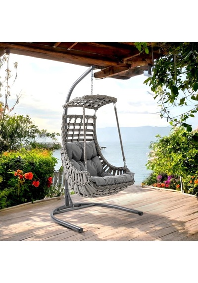 Alaçatı Tekli Rattan Bahçe Balkon Salıncağı Gri Diğer