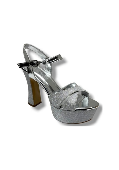 Defne 788-26 Simli Saten Çapraz Bant 30mm Platform Topuk Kadın Sandalet 12cm Gümüş