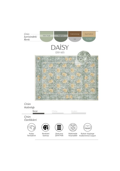 Cool Halı Daisy Mint Yeşili Yıkanabilir Çiçekli Bohem Dokuma Şönil Halı Rustik Tarz Vintage Halı Yeşil