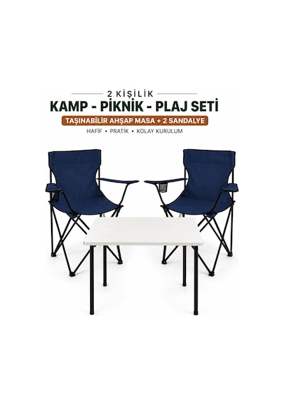 2 Sandalyeli Katlanır Kamp Masa Sandalye Seti 60x45 Cm 3 Parça Lacivert - Beyaz