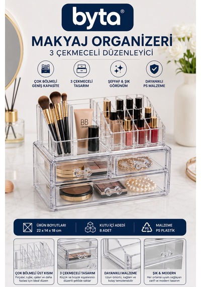 Büyük Boy 3 Çekmeceli Şeffaf Makyaj Organizeri Xl Çok Bölmeli Kozmetik, Takı Ve Aksesuar Düzenleyici Şeffaf