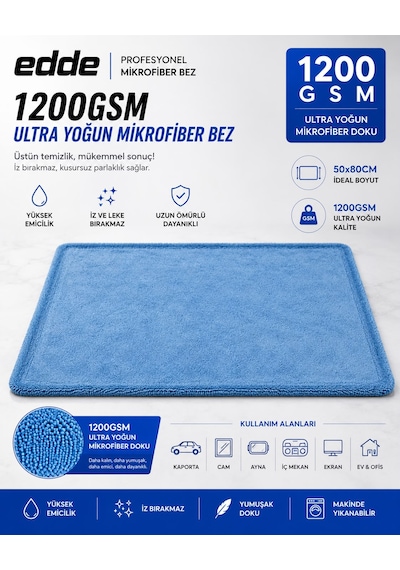 Edde Pro Araba Araç Oto Mikrofiber Kurulama Bezi Havlusu Çift Katlı Ulra Kalın Ithal Mavi 50 80 Cm