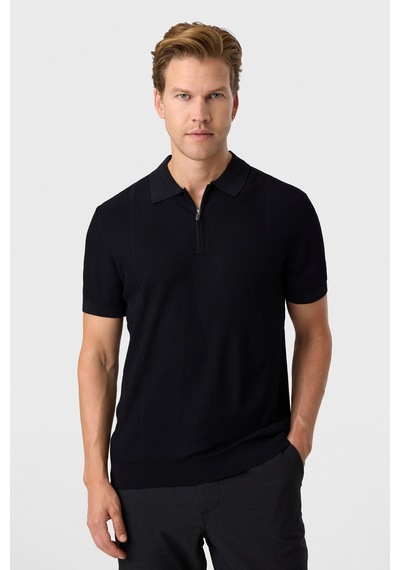 Back And Bond Siyah Regular Fit Fermuarlı Triko Tişört