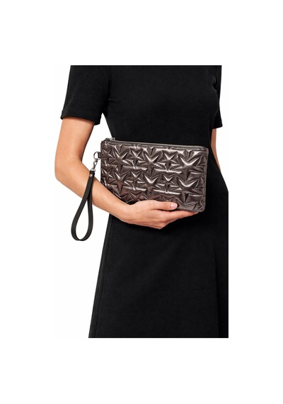 Adelina Bags Yıldız Nakış İşlemeli Portföy El Çantası Bilek Askılı Saten Astarlı Clutch Çanta Platin