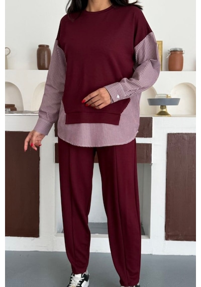 Ded Collectıon Kadın Çizgili Uzun Kollu Gömlek Detaylı Yuvarlak Yaka Sweatshirt Modal Takım Bordo