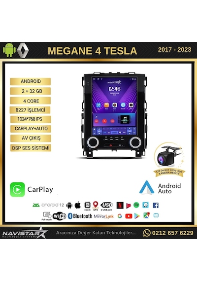 Renault Megane 4 Tesla 2017-2023 Model 2+32gb Android Kablosuz Carplay Navigasyon Multimedya Sistemi