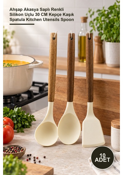 10 Adet Silikon Mutfak Seti Ahşap Akasya Saplı Renkli Silikon Uçlu 30 Cm Kepçe Kaşık Spatula Kitchen Utensils Spoon