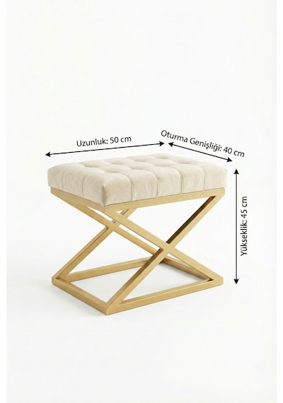 Nexus Babyface Kapitoneli Puf - Gold Metal X Ayaklı Modern Bench 50x40 Cm Bej