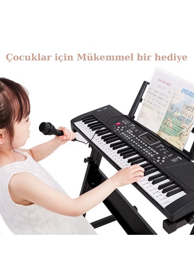 Başlangıç İçin 61 Tuşlu Elektronik Dijital Profosyenel Org Piyano Mikrafonlu Keyboard Siyah