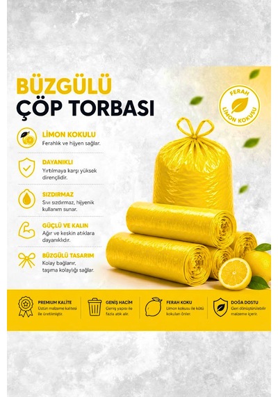 Büzgülü Çöp Poşeti Limon Kokulu 65 70 Cm Büyük Boy 5 Rulo Dayanıklı Sızdırmaz Kalın Çöp Torbası