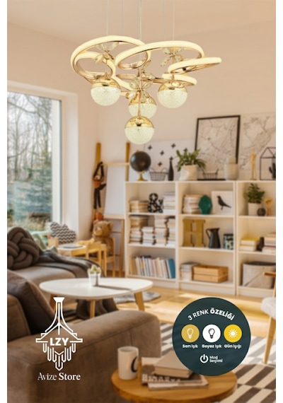 4 Toplu Sarmaşık Gold Kaplama Sarkıt Led Avize Salon Avize 3 Renkli