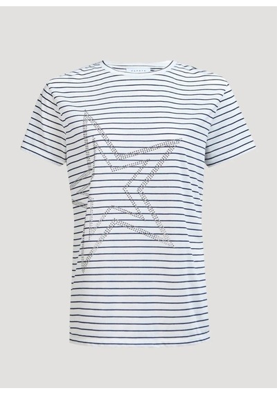 T-Shirt Kadın Lacivert Çizgili Yıldız Baskılı Beyaz