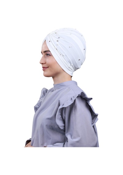 Melodi Scarf Kadın Tesettür İncili Taşlı Vera Dış Bone Beyaz Beyaz