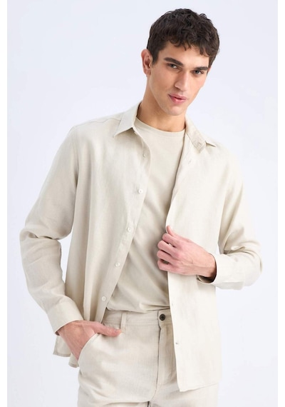 DeFacto %100 Keten Regular Fit Polo Yaka Yazlık Uzun Kollu Gömlek D9925AX25SPGR350