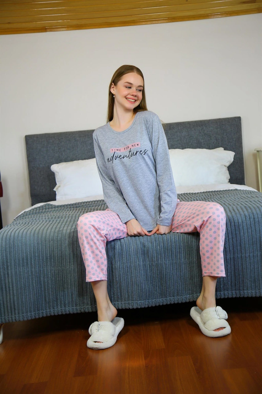 Akbeniz Kadın Penye Uzun Kol Pijama Takım 4118 Gri