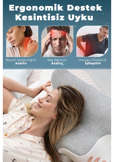 Nova Visco Yastık Ortopedik Boyun Destekli Memory Foam Ergonomik Yastık Gri Viskon Kılıf 62x42 Gri-beyaz