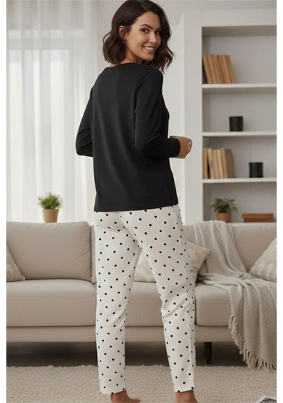 Siyah İnci Pamuklu Örme Pijama Takım 7975 Beyaz Siyah Kalp Puan
