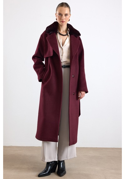 Olcay Oversize Çıkabilen Kürklü Düşük Kol Kaban Mürdüm 3178