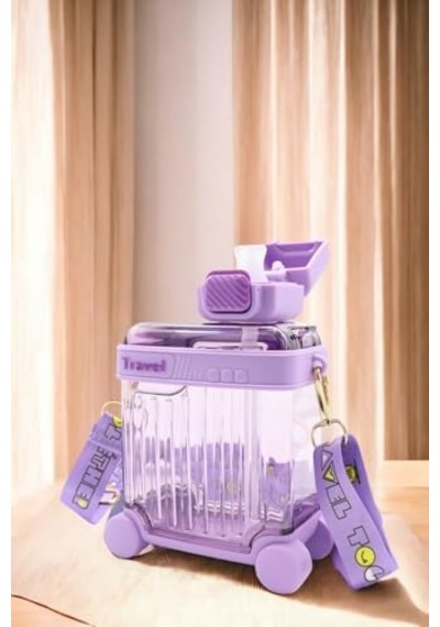 Tr Valiz Tasarımlı Matara 650 Ml, Pipetli Askılı, Kırılmaz Çocuk Okul Suluğu, Mor, Bpa Free Genel