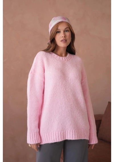 Park Karon Kadın Bisiklet Yaka Yumuşak Dokulu Oversize Triko Kazak 3032 Pembe