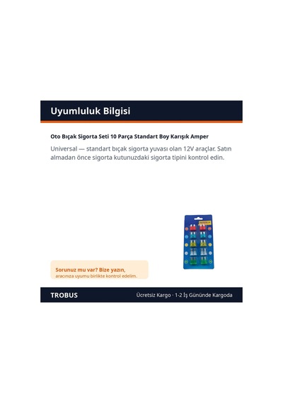 Trobus Oto Bıçak Sigorta Seti 10 Parça Standart Boy Karışık Amper Diğer