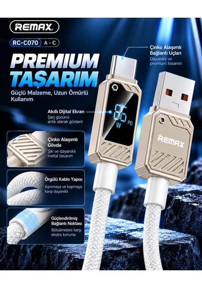 Remax Suxien Serisi Rc-c070-b 66w Akıllı Dijital Ekranlı Usb-a To Type-c Hızlı Şarj Ve Data Kablosu 1.2 Metre Beyaz