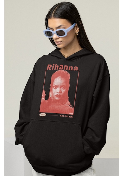 Sevbano Rihanna Badgirl Baskılı Unisex Oversize Şarkıcı Hoodie Siyah