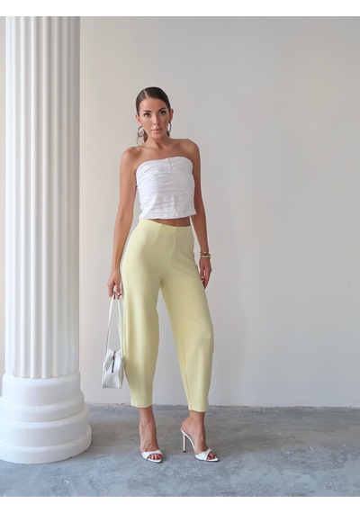 Kadın Sarı Bernis Balon Pantolon, Beli Lastikli Şalvar Model Krep Balon Pantolon Basen Gizleyen Sarı