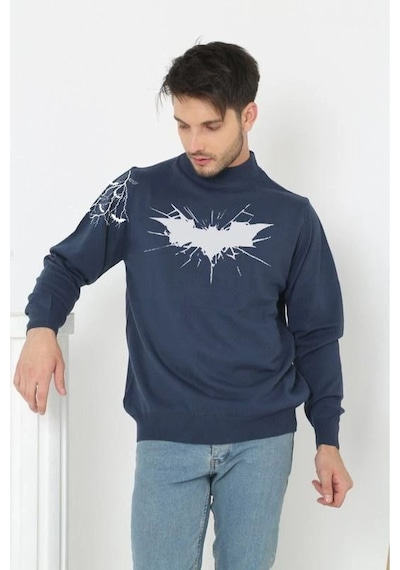 Belifanti Collection Erkek Yarım Boğazlı Kazak Baskılı Dokuma Triko - Indigo